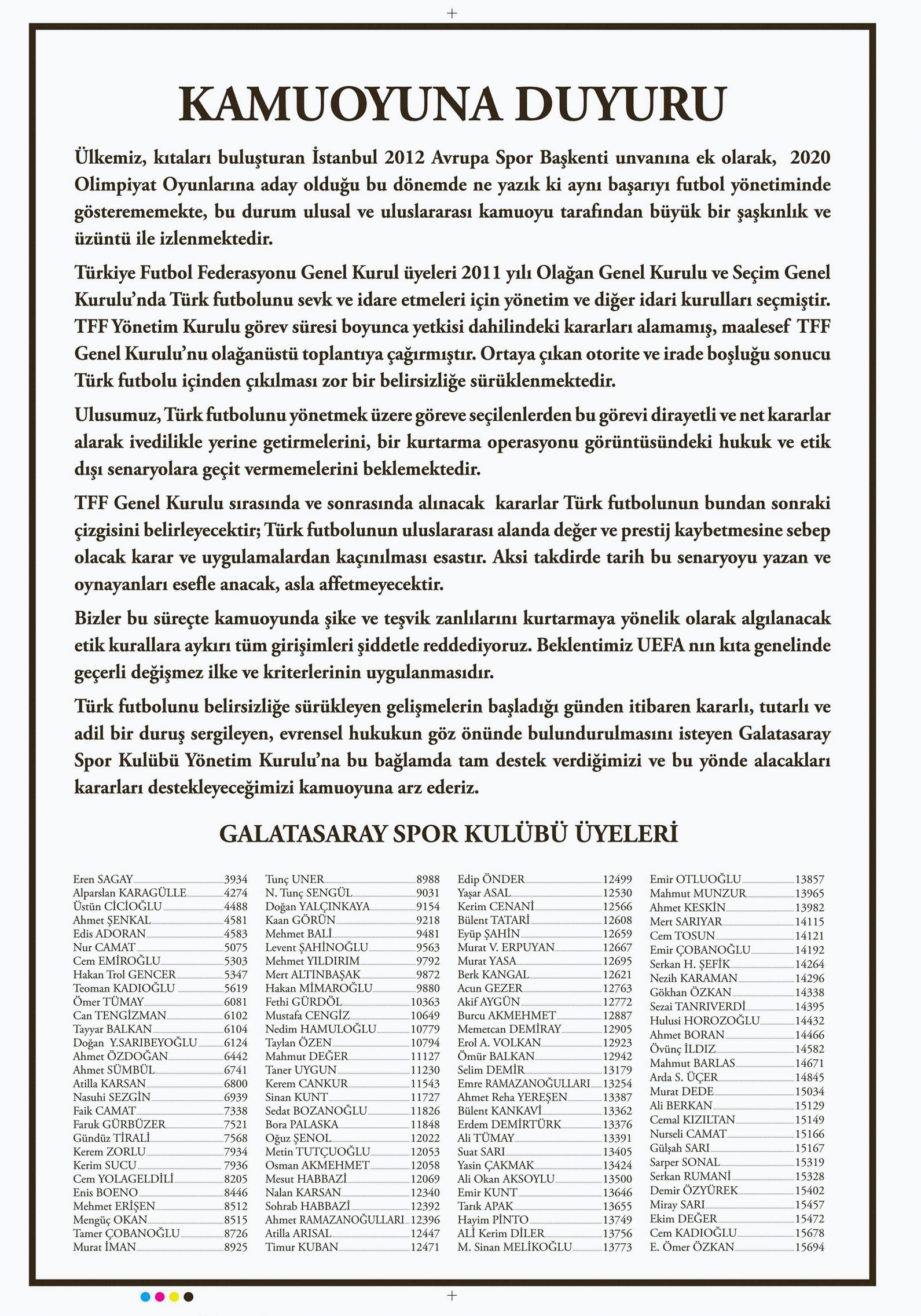 Galatasaray Spor Kulübü üyelerinden kamuoyuna duyuru...
